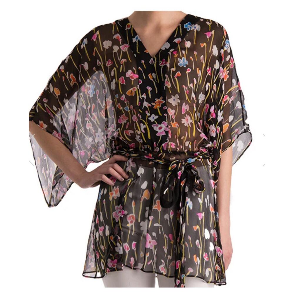 Leggiadro Sheer Printed Silk Belted Tunic Blouse Multi Color Wild Flower Size 6 - Picture 9 of 12